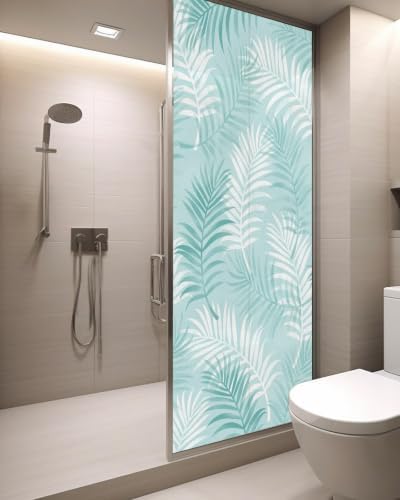 Window Privacy Film Frosted, Teal Blue Botanical Static Cling Door Window Covering, Summer Palm Leaves Foliage Tropical UV Blocking Windows Film for Office, Hotel, Bedroom, 29.5 x 78.7 Inches - Image 3