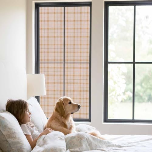 Window Privacy Film Frosted, Cream Buffalo Plaid Static Cling Door Window Covering, Modern Farmhouse Peach Pink Checkered UV Blocking Windows Film for Office, Hotel, Bedroom, 29.5 x 78.7 Inches - Image 2