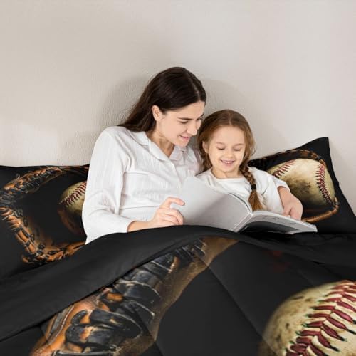 Erosebridal Baseball Comforter Set Full Size Sports Game Bedding Baseball Player Duvet Insert for Kids Boys Teens Retro Style Quilt for Room Dorm Decorative, Brown Down Comforter - Image 5
