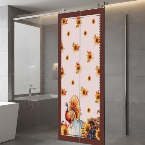 Window Privacy Film Frosted, Thanksgiving Fall Static Cling Door Window Covering, Pink Turkey Pumpkin Flowers Stripe Rustic UV Blocking Windows Film for Office, Hotel, Bedroom, 29.5 x 78.7 Inches - Image 5