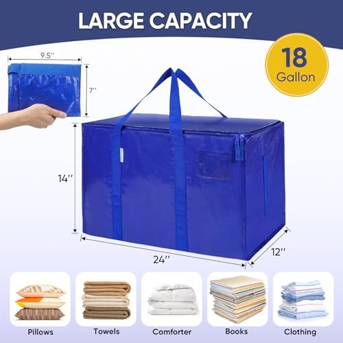TICONN 8 Pack Extra Large Moving Bags with Zippers & Carrying Handles, Heavy-Duty Storage Tote Moving Boxes for Space Saving (8 PK, 18 Gallon) - Image 4