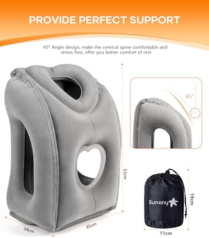 Sunany Travel Pillow, Upgraded Plane Pillow for Long Flights, Inflatable Neck Pillow Used for Airplanes,Cars,Buses,Trains,Office Napping with Eye Mask,Earplugs (Gray) - Image 5