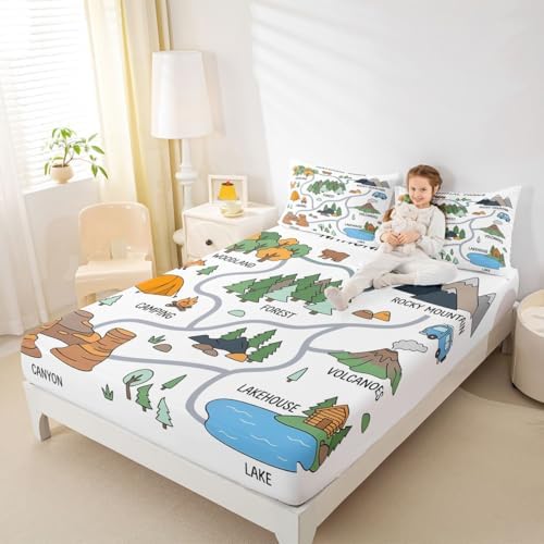 Erosebridal Forest Camping Theme Queen Fitted Sheet, Camping Lover Gifts Bedding Set for Kids Girls Boys, Outdoor RV Camper Bed Sheets(No Flat Sheet), Rustic Mountain Cabin Room Decor - Image 3