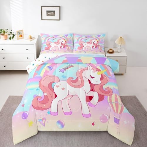 Erosebridal Unicorn Full Bedding Sets for Girls Cute Rainbow Unicorn Comforter Set Bedroom Decor for Girls Kids Horse Duvet Set Ombre Bedding Stars Magical Animal Down Comforter Reverse 3Pcs by Erosebridal