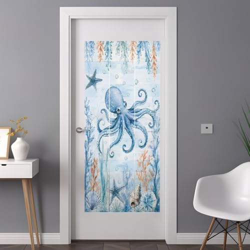 Window Privacy Film Frosted, Coastal Octopus Non-Adhesive Static Cling Window Tint, Blue Ocean Coral Summer Beach Seaweed Insulated Windows Frosted Films for Living Room, 35.4 x 78.7 Inches - Image 3