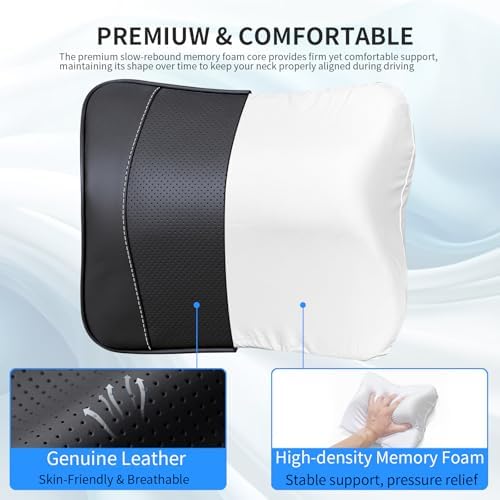 Quintor Genuine Leather Car Neck Pillow,Memory Foam Headrest Cushion, Ergonomic Cervical Support for Tesla Model 3/Y/X, Lexus, BMW- Breathable & All-Season Soft (2 PC) - Image 3