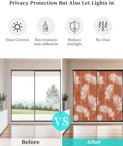 Window Privacy Film Frosted, Terracotta Botanical Non-Adhesive Static Cling Window Tint, Summer Palm Leaves Foliage Tropical Insulated Windows Frosted Films for Living Room, 35.4 x 78.7 Inches - Image 6
