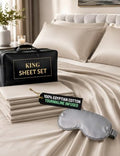 Luxury Tourmaline Infused 100% Egyptian Cotton King Size Sheet Set, 1000 Thread Count Sateen, Deep Pocket – Fitted & Flat Sheet, 2 Pillowcases + Sleep Mask, Gift Storage Case, Beige by ECOHEAL