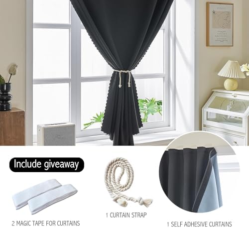 AJAZZ Self Adhesive Curtains 100% Blackout Shades Window Cover Sticky Curtain Portable Easy Open Black Out Curtains for Bedroom Living Room No Drilling (Black, 59" W x 96" L 1 Panel) - Image 2
