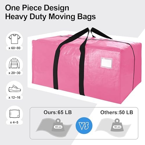 VELVETSURE 6 Pack Heavy Duty Large Moving Bags W/Backpack Straps - Strong Handles & Zippers, Storage Totes For Space Saving, Fold Flat, Alternative to Moving Box and Storage Bin, Pink - Image 5