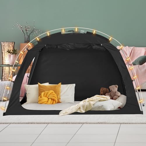 EighteenTek Bed Tent with Lights, Twin Bed Canopy Black - Portable 90% Blackout Sleeping Tent with 2 Doors Breathable Private Indoor Tent for Bedroom Decor, Easy to Assemble by EighteenTek