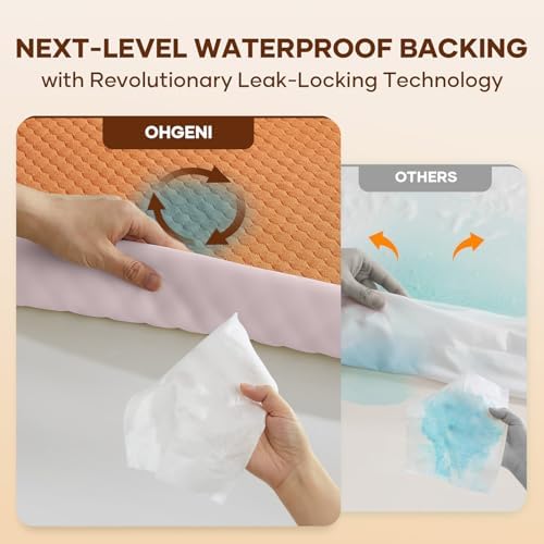 OhGeni 100% Waterproof Mattress Protector,Queen Size Mattress Soft Pad,Pet Hair & Bedwetting Resistant,Cooling Breathable Fitted Sheets,Washable Bed Cover Over 99 pcs Hex Filled Bumps,Orange - Image 3