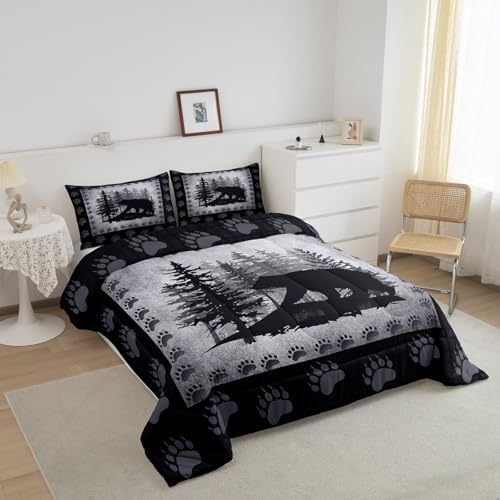 Bear Print Kids Comforter Set King Size,Wild Animal Pine Trees Retro Bedding Set All Season Bear Paw Pattern Quilt Set with 2 Pillowcases,Rustic Grid Plaid Hunt Lodge Decor Polyester Comforter, Grey - Image 4