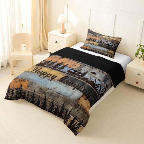 Erosebridal Rv Camper Twin Size Comforter Set Happy Camping Bedding Set Rustic Farmhouse Wooden Board Bedding Comforter Sets Mountain Pine Trees Quilt 2 Pcs Blue Brown - Image 3