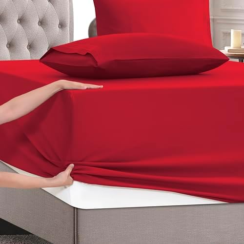 Mocassi Full Size 4-Piece Bed Sheet Set - 1800 Premium Hotel Quality Microfiber 18-24 Inches Extra Deep Pocket Fitted Sheet- Luxury Soft, Breathable, Wrinkle, and Fade Resistant, Red - Image 5