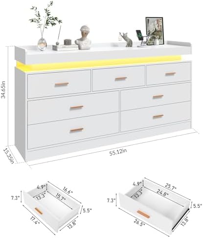 jiteentarou 7 Drawer Dresser with Charging Station and LED Lights, Modern Chest of Drawers with Power Outlet, Organizer Cabinet for Bedroom, Living Room, Entryway, White - Image 2