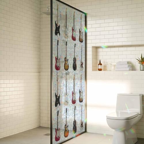 Music Window Privacy Film Rainbow Static Cling Stain Glass Window Film for Glass Door, Decorative Heat Control UV Blocking Frosted Sunroof Decal Sticker for Car 29.5"x78.7" Red Beige Guitar Modern Art by AMZRicher