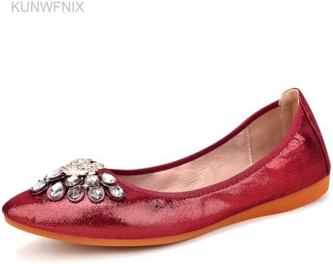KUNWFNIX Women's Ballet Flats Foldable Classic Crown Rhinestone Slip On Bowknot PU Leather Faux Suede Pointed Toe Comfort Flat Casual Dress Shoes - Image 3
