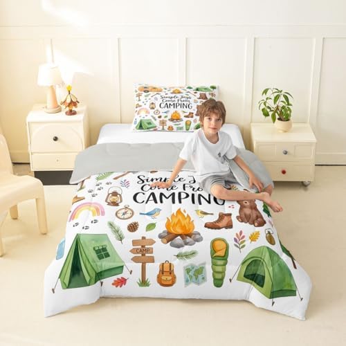 Erosebridal Forest Themed Camping Toddler Size Comforter Set, RV Bunk Camper Outdoor Kids Bedding Set for Girls Boys, Woodland Farmhouse Bear 2-Piece Bed Sets, Travel Trailers Room Decor - Image 2