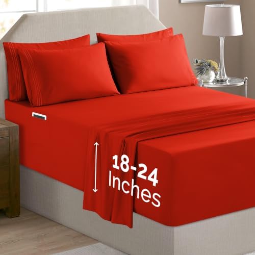 Elegant Comfort Luxury Soft 6-Piece 1500 Premium Hotel Quality Bed Sheet Set with Extra Deep Pockets 18-24 Inch, Wrinkle Free, Storage Pockets, Extra Deep Pocket 6PC Sheets, Queen, Red - Image 2