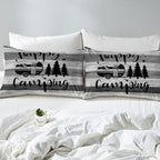 Castle Fairy Camper Bedding Set Full Size,Vintage Barn Door Stripes Duvet Cover for Teenagers Bedroom Decor,Happy Camping Truck Graffiti Bed Set of 3 Piece with Zipper Closure,Gray,No Comforter - Image 4