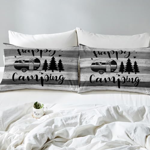 Castle Fairy Camper Bedding Set Full Size,Vintage Barn Door Stripes Duvet Cover for Teenagers Bedroom Decor,Happy Camping Truck Graffiti Bed Set of 3 Piece with Zipper Closure,Gray,No Comforter - Image 4
