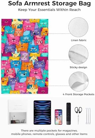 Sofa Armrest Organizer Bedside Caddy, Colorful Cat Non Slip Couch Remote Control Holder for Recliner, Modern Abstract Art Cartoon Animals Armchair Caddy with Pocket for Magazine, Phone, 19.7"x35" - Image 2
