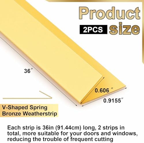 Zonon 2 Pcs 29/32" W x 3' L Spring Bronze Weather Stripping Metal Brass Weather Strip Copper Weatherstripping for Exterior Old Door or Window Seal with Mounting Nails(V Shape) - Image 2