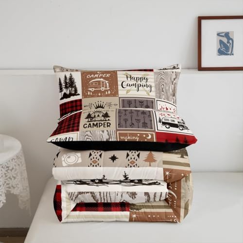Erosebridal Short Full Comforter for Rv Camper Happy Camping Bunk Comforter Set Rv Camper Accessories Bedding for Travel Trailers, Patchwork Buffalo Plaid Pine Tree Arrow Quilt Set Red Brown - Image 6