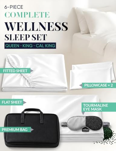 Luxury Tourmaline Infused 100% Egyptian Cotton King Size Sheet Set, 1000 Thread Count Sateen, Deep Pocket – Fitted & Flat Sheet, 2 Pillowcases + Sleep Mask, Gift Storage Case, White - Image 2