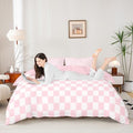 Pink Grid Duvet Cover Set Twin Size,Pink White Checkered Bedding Set 2Pcs for Kids Girls Teens Women Room Decor,Geometric Plaid Printed Comforter Cover Soft Sweet Girly Quilt Cover,1 Pillowcase by Homewish