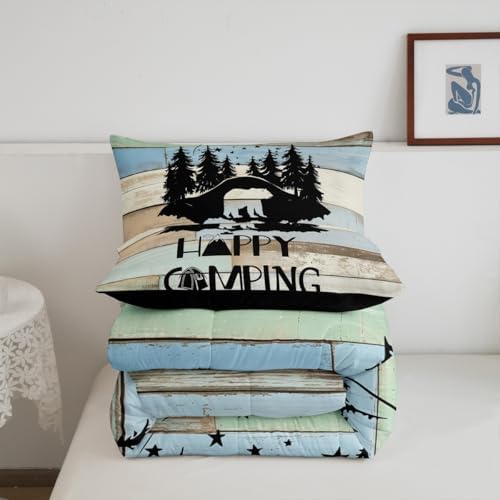 Erosebridal Kids Woodland Bear Bedding Set Happy Camping Camper Twin Comforter Set for Travel Trailers Rv Bunks Camper Quilt Set Rustic Farmhouse Barn Door Duvet Insert 1 Pillow Case Green Blue - Image 6