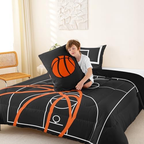 Castle Fairy Basketball Court Print Bedding Set for Boys Girls,Ball Sports Games Themed All Season Cozy Comforter Set Full Size,Orange Basketball and Hoop Duvet Set Home Decor,Children Birthday Gift - Image 5
