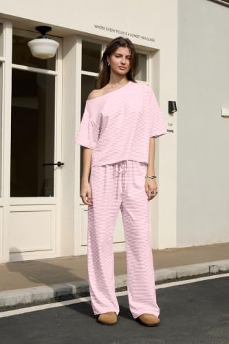 Ythomm Striped Pajama Sets Womens Two Piece Lounge Outfits Short Sleeve Off Shoulder Shirts Drawstring Pants Matching Pj Sets - Image 2