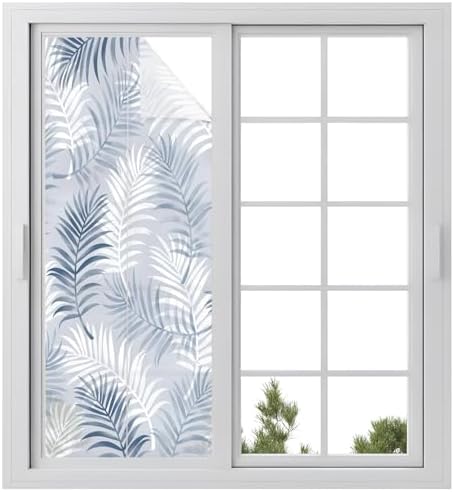 Window Privacy Film Frosted, Navy Blue Botanical Static Cling Door Window Covering, Summer Palm Leaves Foliage Tropical UV Blocking Windows Film for Office, Hotel, Bedroom, 29.5 x 78.7 Inches by Unknown