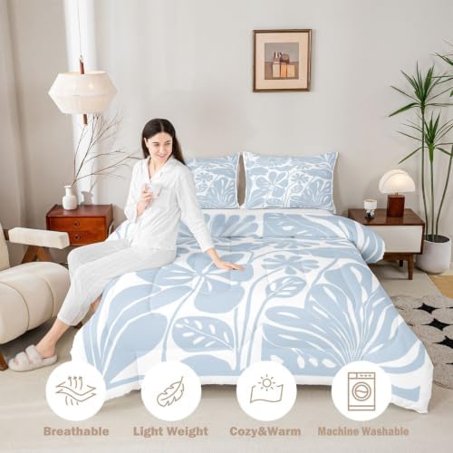 Erosebridal Light Blue Flower Girls Comforter Set King Size Retro Aesthetic Floral Bedding Set for Kids Teens Women Minimalist Vintage Art Quilt 70S Modern Abstract Duvet Insert Bedroom Decor - Image 3