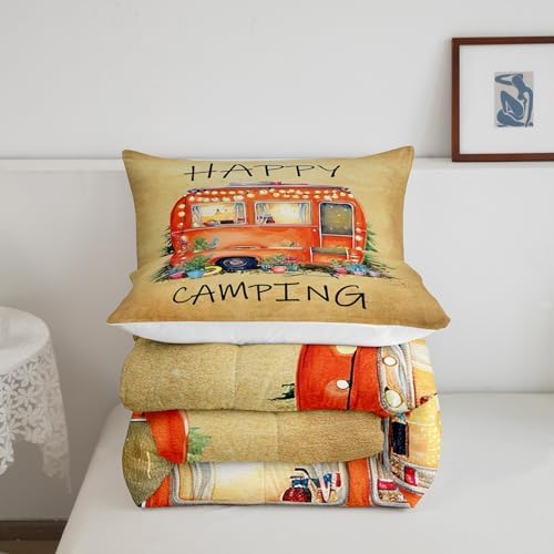 Erosebridal Camper Car Bedding Set Twin Happy Camping Comforter Set,Cute Rustic Farmhouse Floral Comforter for Kids Boys Girls Adults Retro Travel Camping Quilt Duvet Sets 1 Pillow Case RV Decor - Image 5