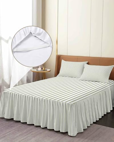 Ruffle Skirt Bedspread for Queen Size Bed Farmhouse Sage Green Stripe 3 Piece Bedding Cover with Pillow Sham,18In Drop Bedskirt Coverlet for Bedroom Dorm Modern Vertical Line - Image 3