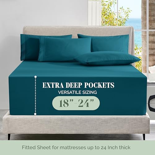 Elegant Comfort Luxury Soft 6-Piece 1500 Premium Hotel Quality Bed Sheet Set with Extra Deep Pockets 18-24 Inch, Wrinkle Free, Storage Pockets, Extra Deep Pocket 6PC Sheets, Full, Marine Teal - Image 4