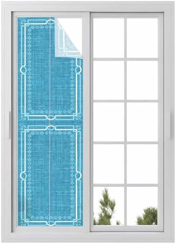 Window Privacy Film Frosted, Azure Blue Botanical Reusable Static Cling Window Tints, Vintage Florals Geometric Minimalist Heat Control Windows Films for Offices, Balcony, 29.5 x 118 Inches by Unknown