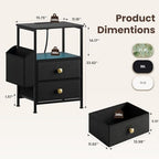 MALOL Night Stand with Charging Station & Led Light Strip, Bedside Table with Open Shelf & 2 Fabric Drawers and Reversible Side Storage Pocket, Modern End Table Bedroom,Living Room,Black - Image 2