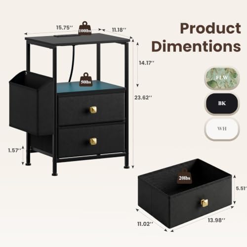 MALOL Night Stands for Bedrooms Set of 2 with Charging Station, Black - Image 2
