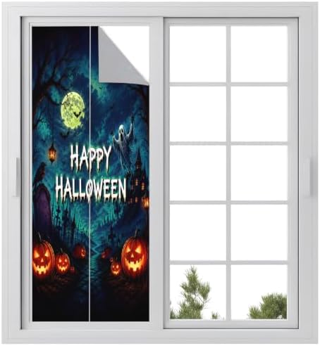 Window Privacy Film Frosted, Halloween Static Cling Door Window Covering, Blue Spooky Pumpkin Ghost Moonlight Castle UV Blocking Windows Film for Office, Hotel, Bedroom, 29.5 x 78.7 Inches by Unknown