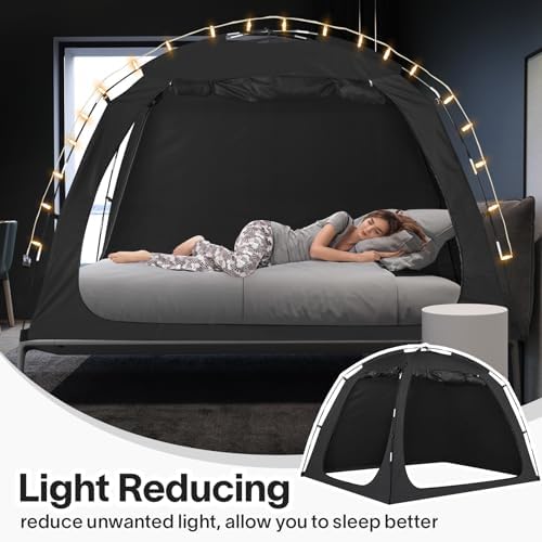 EighteenTek Bed Canopy with Lights, Sleeping Dream Full Bed Tent, Portable Cottage Drafty Room Blackout Breathable Privacy Big Indoor Tents for Girls & Boys Bedroom Decor, Black - Image 3
