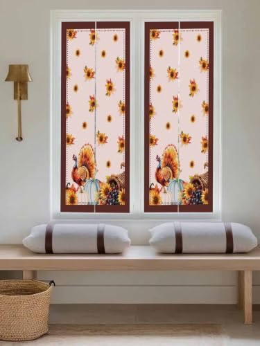 Window Privacy Film Frosted, Thanksgiving Fall Reusable Static Cling Window Tints, Pink Turkey Pumpkin Flowers Stripe Rustic Heat Control Windows Films for Offices, Balcony, 29.5 x 118 Inches - Image 5