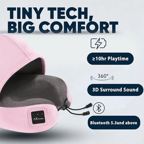 Bluetooth Music Semicircular Neck Pillow with Hood Wireless Bluetooth Speaker Suitable Airplane,Car,Office,and Outdoor Camping for Sleeping, Resting The Best Travel Essentials. (Pink) - Image 6
