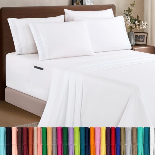 Elegant Comfort 1500 Premium Quality 6-Piece Bed Sheet Set - 18-24 Inch Extra Deep Pocket, Smart Storage Pockets, Wrinkle Free Ultra Soft 6PC Extra Deep Pocket Sheets, Full, White by ELEGANTCOMFORT