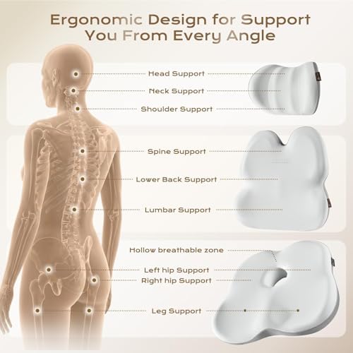 Coverado Car Seat Cushion Back Support Pillow Neck Headrest Pillow, Ergonomic Memory Foam Sciatica & Back & Tailbone Pain Relief Cushion for Office Chair Seat Cushion for Chair Gray&Light Gray - Image 4