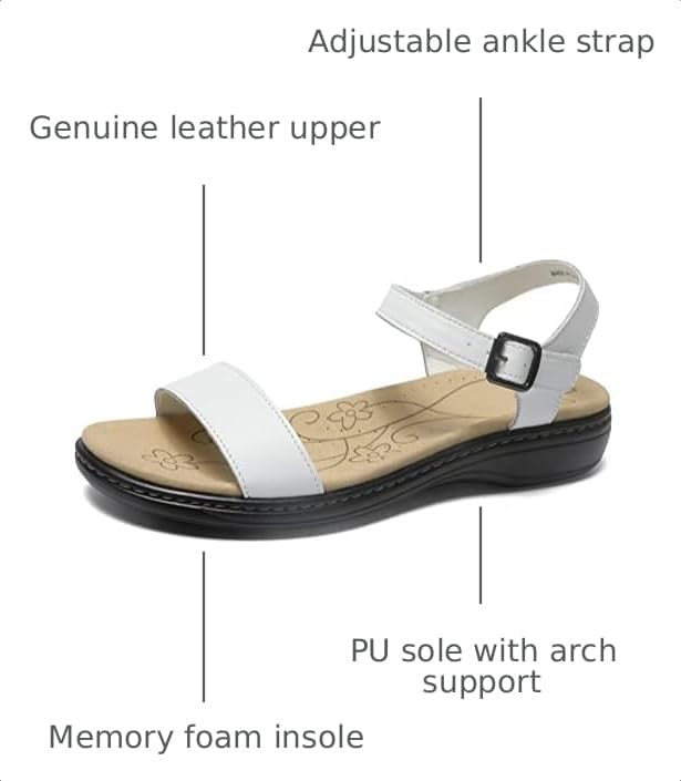 Women's Classic Flat Sandals Leather Open Toes Memory Foam One Band Ankle Strap Adjustable Slip On Shoes - Image 3