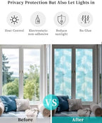 Window Privacy Film Frosted, Blue Botanical Reusable Static Cling Window Tints, Summer Palm Leaves Foliage Tropical Heat Control Windows Films for Offices, Balcony, 29.5 x 118 Inches - Image 6